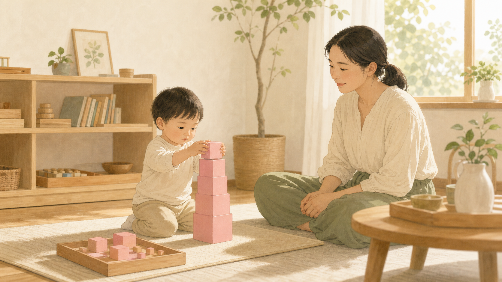 분홍탑을 쌓는 아이를 엄마가 곁에서 조용히 지켜보는 따뜻한 몬테소리 가정 장면